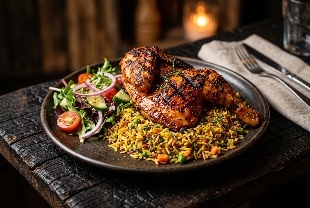 Hive Chicken: grilled half chicken on flavoured rice with salad